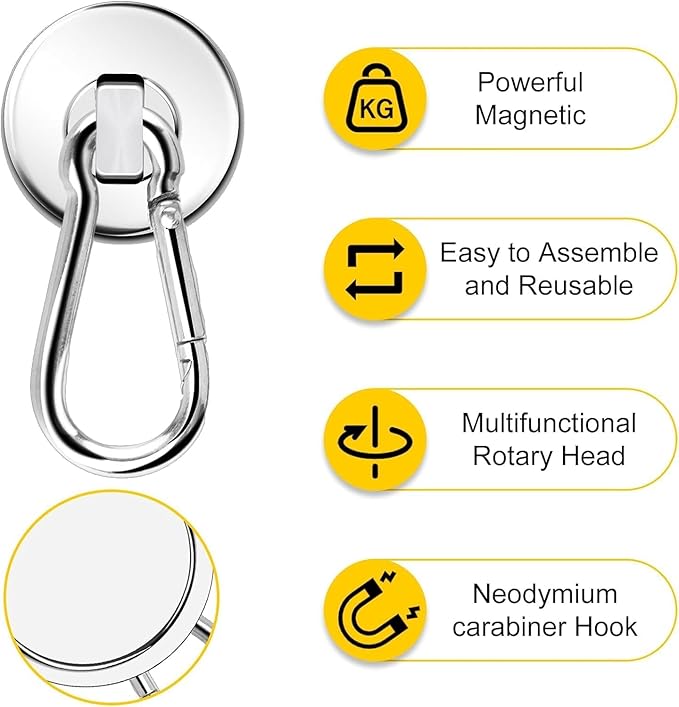 DIYMAG Magnetic Hooks, 110LBS Strong Heavy Duty Neodymium Magnet Hooks with Swivel Carabiner Hook,Great for Your Refrigerator and Other Magnetic Surfaces, Pack of 7