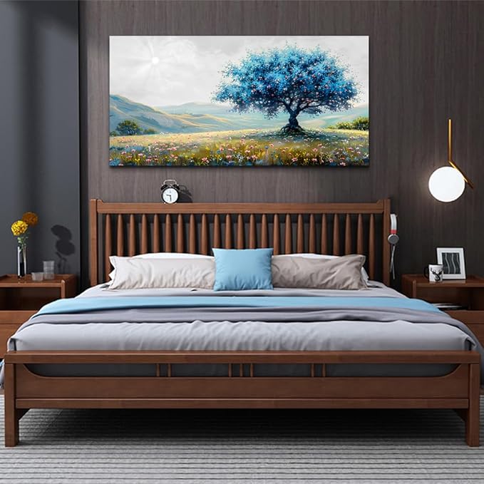 FUHAIHUA Canvas Wall Art For Living Room Modern Wall Decor For Bedroom Office Wall Decoration Pastoral Landscape Painting Blue Tree Pictures Artwork Ready To Hang Room Aesthetic Home Decor 20x40 In