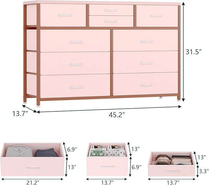 Jojoka Wide 10 Drawer Dresser,TV Stand Entertainment Center Fabric Storage Dressers Drawers for Bedroom, Hallway, Nursery, Closets, Steel Frame, Wood Top (Pink)