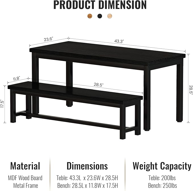 AWQM Dining Table Set for 4, Kitchen Dining Table with 2 Benches, Dining Room Table Set with Metal Frame & Thickened Board for Kitchen, Restaurant, Black, 43'' Breakfast Table Set (A006-11H2-L)