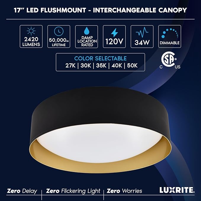 LUXRITE 17-Inch LED Flush Mount Ceiling Light, 5CCT Selectable 2700K–5000K, 2420 Lumens, 34W, CRI 90, Dimmable, Damp Rated, Decorative Flush Mount with Interchangeable Canopy - Black & Gold Finish