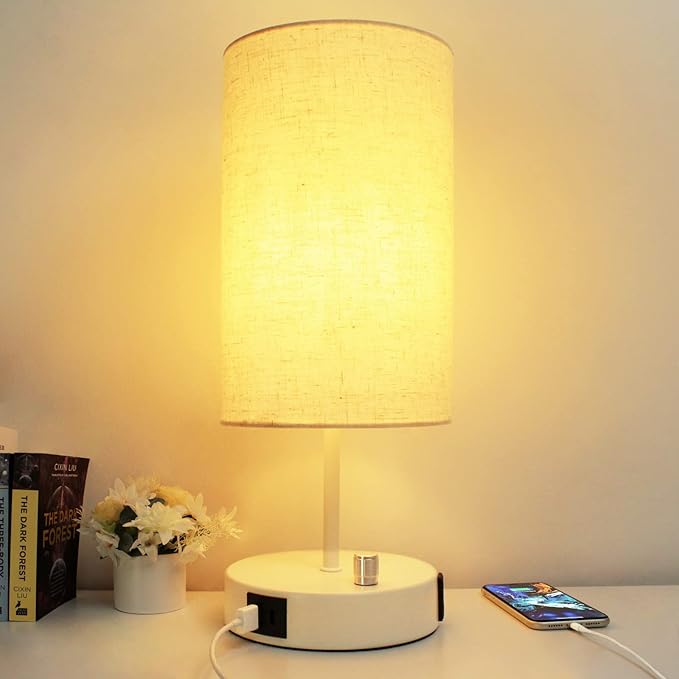 HiBay 17.75" H Dimmable LED Bedside Table Lamp with USB Charging Ports & AC Outlet, Modern White Nightstand Light for Bedroom, Office, Living Room, Kids Room, Round Fabric Shade, E26 Bulb Included