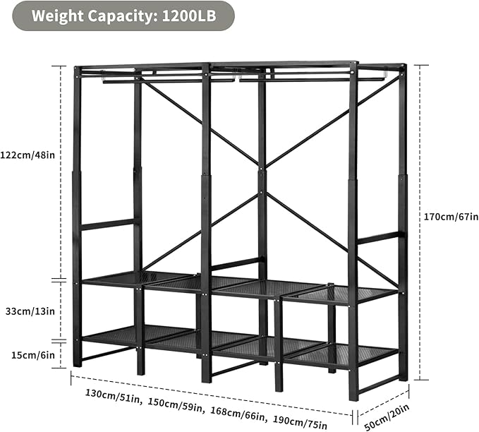 Portable Closet Rack Heavy-Duty Foldable Garment Racks with Cover 1200lbs Enclosed Wardrobe Closet with Independent Area for Hanging Clothes Storaging of Bedding (51in*20in*67in)