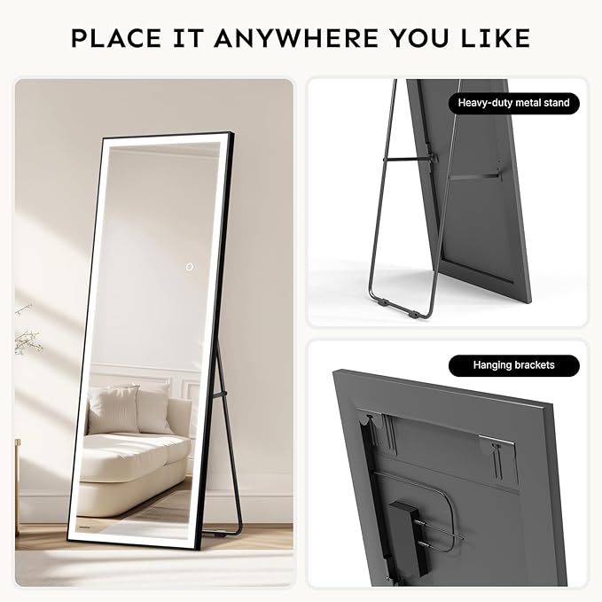 64x22 Full Length Mirror, Dimmable 3 Color LED Light w/Light Memory, Distortion Free Silver Coating Mirror, HD Reflection &Anti Desilvering,Tempered Glass &Shatter Proof Film Doubles Safety