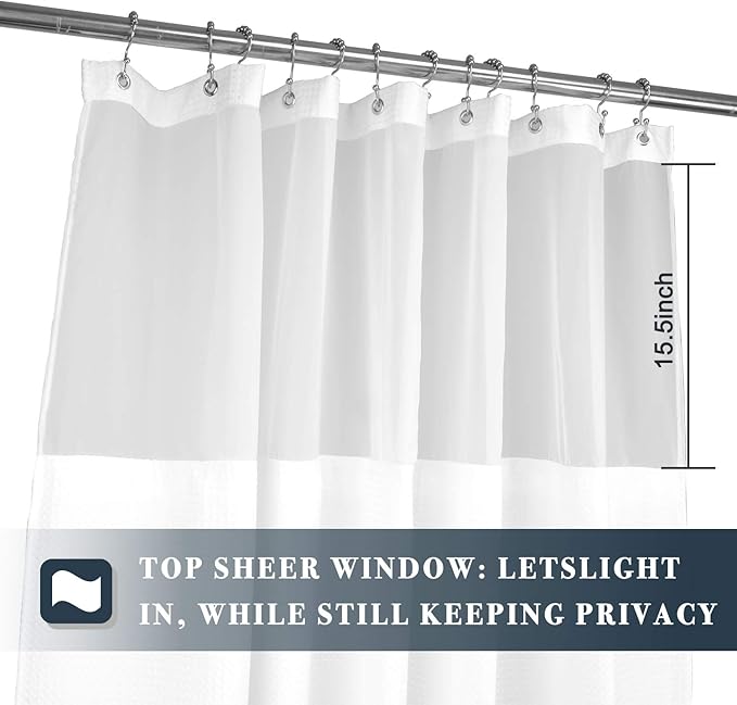 N&Y HOME 60 Inch Waffle Weave Shower Curtain with Snap-in Fabric Liner & 12 Metal Hooks Set - 60" x 72" Shower Stall Size, Hotel Style & Mesh Top Window, Machine Washable - White, 60x72