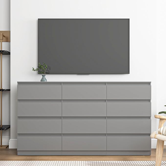 Grey Dresser for Bedroom,Modern Large 12 Drawer Dresser with Deep Drawer,Wide Storage Chest of Drawer,Wood Bedroom Storage Organizer Furniture,TV Stand for Living Room
