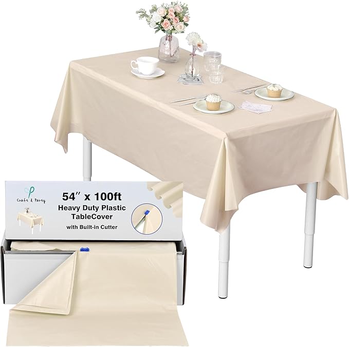 Craft And Party, 54 in x 100 feet Plastic Table Cover Roll for Party, Banquet, Picnic, Kids Activities for Any Size and Shape Table (Ivory, 54" x 100ft)