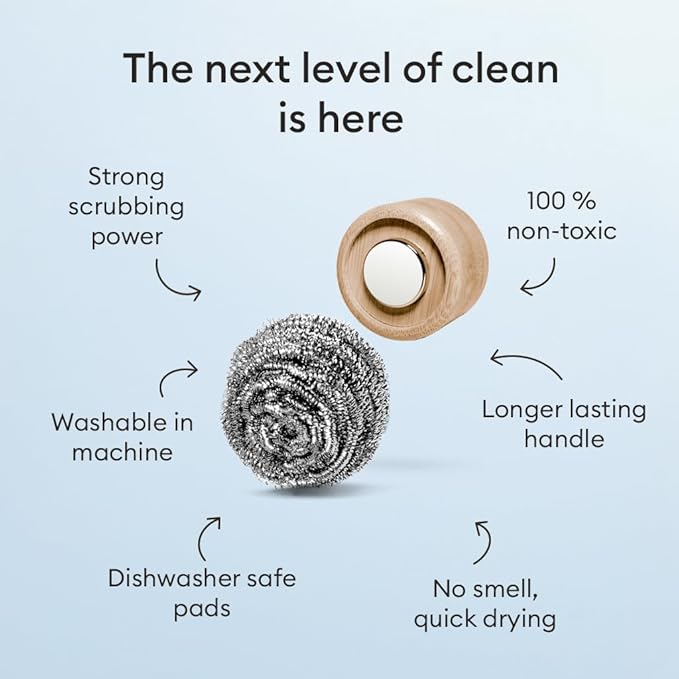 Vove Premium Magnetic Scrubber with Bamboo Handle - Steel Wool Scourer for Pots, Pans & Bottles - Heavy Duty Kitchen Cleaner with 3 Recyclable Steel Pads - Stainless Steel Scrubber Set