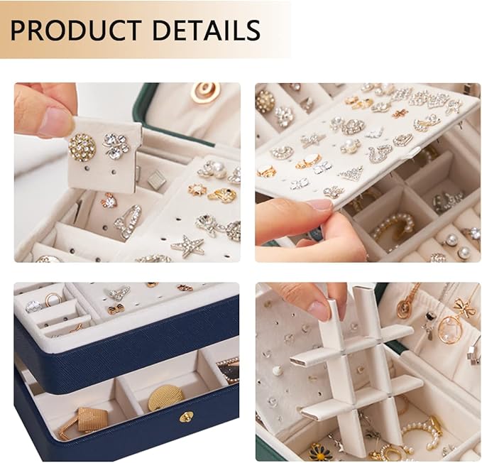 PU Leather Travel Jewelry Organizer Case for Women & Girls, 2-Layer Portable Jewelry Box for Earrings, Rings, Necklaces, Bracelets, Compact Jewelry Storage (Blue, Small)