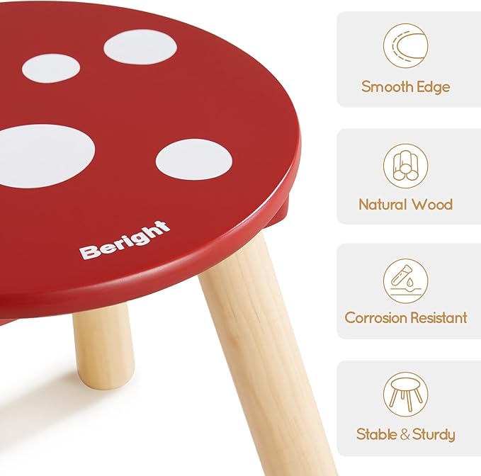 Beright Wooden Step Stool for Kids, Children's Stool Perfect Matched Sensory Table, 9 Inch Sturdy Sitting Stool with Assembled Four-Legged, Mushroom, 1 Pack