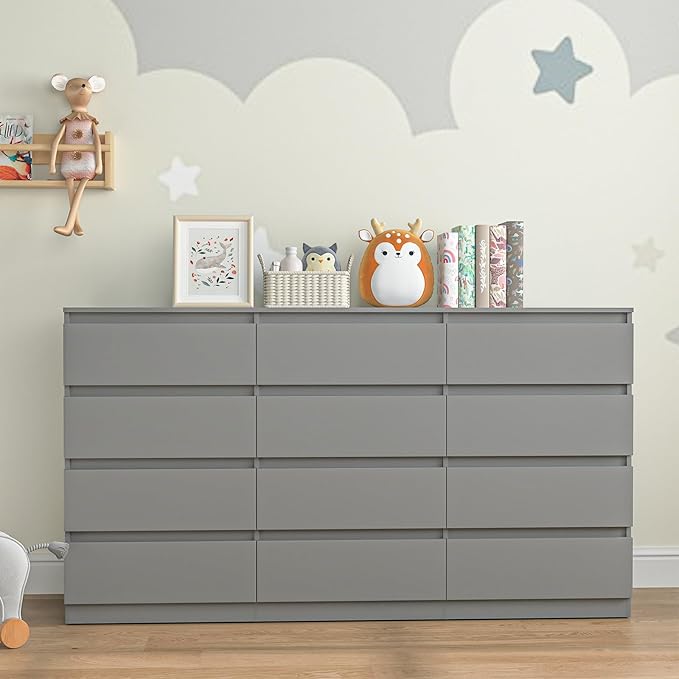 Grey Dresser for Bedroom,Modern Large 12 Drawer Dresser with Deep Drawer,Wide Storage Chest of Drawer,Wood Bedroom Storage Organizer Furniture,TV Stand for Living Room
