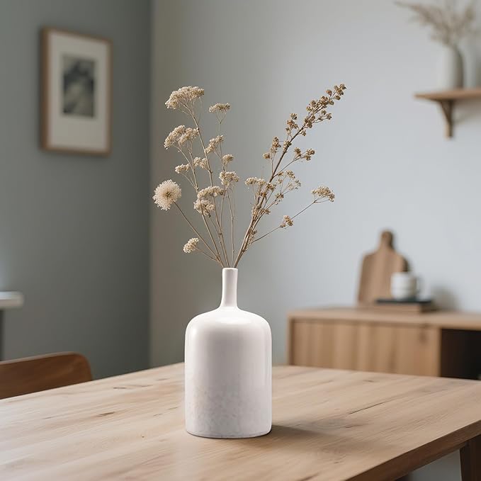 White Ceramic Vase Home Decorations - Modern Vase with Long Neck, Reactive Glazee White Vases for Flower, Flower Arrangement Spring Decorations for Home 4.5 x 4.5 x 9.5 Inch Cynkeyee
