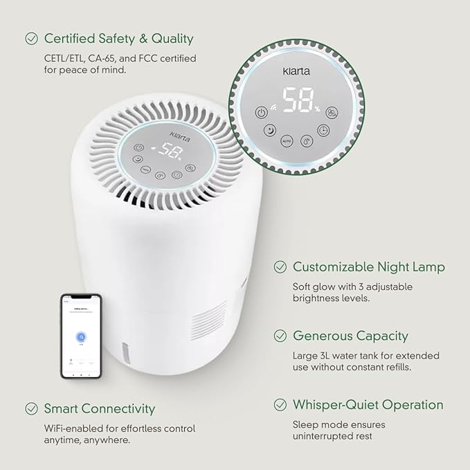 Humea Smart Evaporative Humidifier with WiFi & App Control - 3L Tank, 4 Speeds, 300ml/h - Quiet, Mist-Free, No White Dust - Nightlight - For Allergies, Dry Skin, Better Sleep - Beige