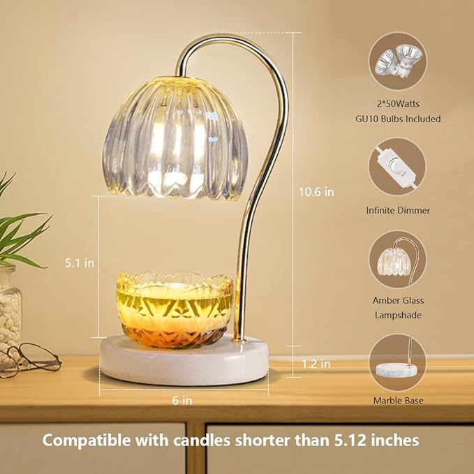 Candle Warmer Lamp, Electric Candle Lamp Warmer with 2 Bulbs for Scented Candles, Dimmable Wax Melt Warmer with Marble Base for Home Bedroom Décor Aesthetic House Warming Gifts