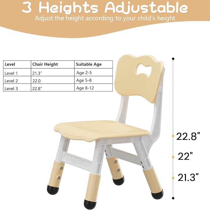 GAOMON Kids Chair, 3 Level Height Adjustable Kid Chair, Plastic Toddler Chairs for Children Boys Girls Age 2-6, Suitable for Home Family Classroom Nursery Indoor Use (2 Pack, Natural)