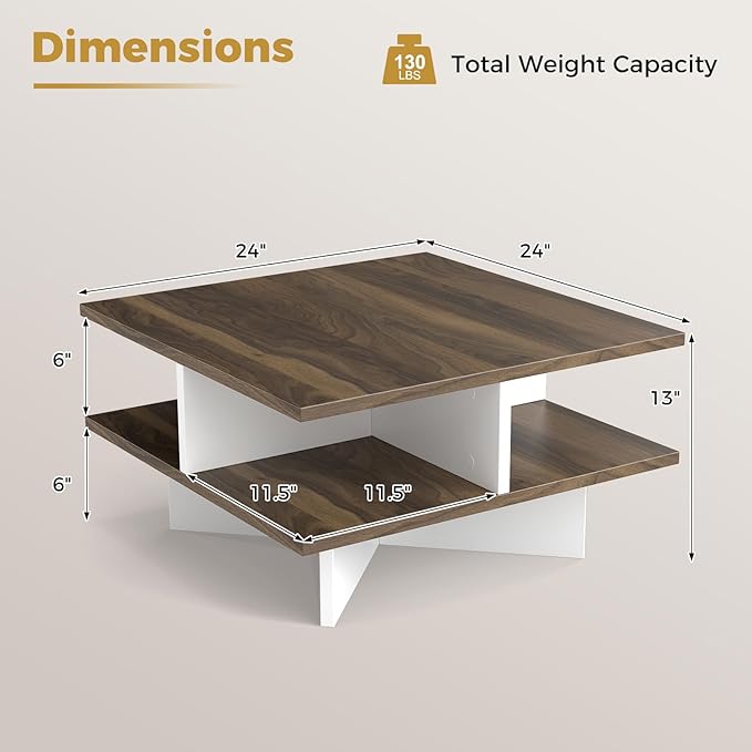 GOFLAME Farmhouse Coffee Table with Storage, 2-Tier Square Center Table with 4 Storage Compartments & Cross-Shape Base, Modern, Wood Tea Tables for Living Room, Lounge, Walnut + White