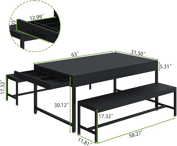 Loomie 63" Dining Table Set for 4-6, 3-Piece Kitchen Table with 2 Utensil Drawers, 2 Benches & Wine Rack, Modern Space Saving & Heavy Duty Dinner Table Set with Metal Frame & MDF Board,Black