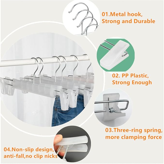 Skirt Hangers，Pants Hangers with Clips，360 ° Swivel Hooks Space Saving Hangers for Pants, Skirts, Clothes, Jeans (10Pack, Translucent)