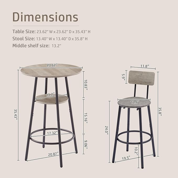 NicBex 3-Piece Bar Table and Chairs Set, Grey Pub Table and Chairs Set of 2 with Storage Shelf, Bistro Table with Stools for Small Spaces