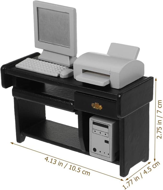 NUOBESTY 1:12 Dollhouse Miniature Office Furniture Set - Black Desk & Chair with Computer, Mouse, Keyboard, Printer for Kids' Doll House Decoration