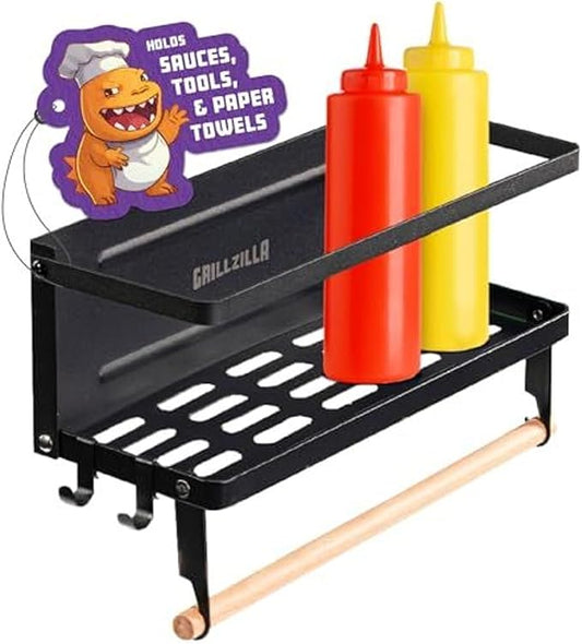 Grill Accessories Magnetic Grill Caddy & Organizer - Black Portable Powder-Coated Iron - BBQ Shelf & Tool Holder with Heavy Duty Magnets for Refrigerator & Oven - Foldable Design