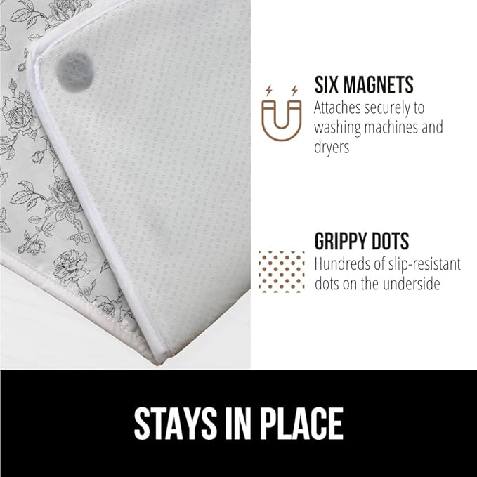 GORILLA GRIP Ironing Mat, Portable Iron Pad, Magnetic Cover and Padding for Top of Washer, Dryer, Tabletop, Countertop, Silicone Coating and Scorch Resistant, Travel Size 28x24, Gray Floral