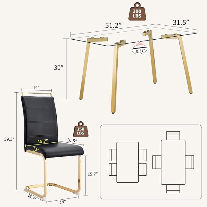 51" Glass Dining Table Set for 4,Small Kitchen Room Dining Table Set 4 with Chairs,Tempered Glass Top with Gold Legs,Easy to Assemble,Dinette Breakfast Nook