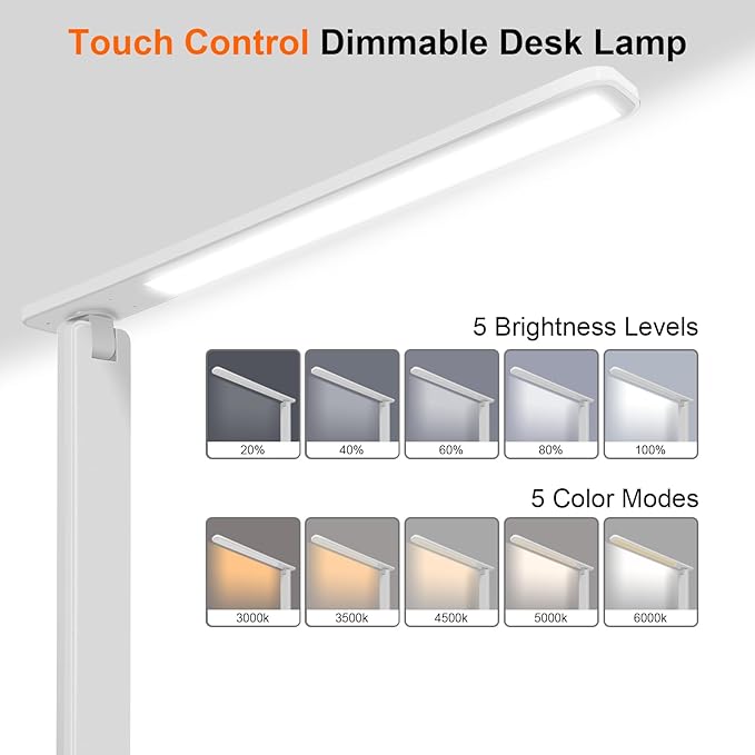 karidi LED Desk Lamp Dimmable Table Lamp with USB Charging Port, 5 Lighting Modes, Sensitive Control, Foldable Portable Desk Light for Home Office Bedroom Reading (White)