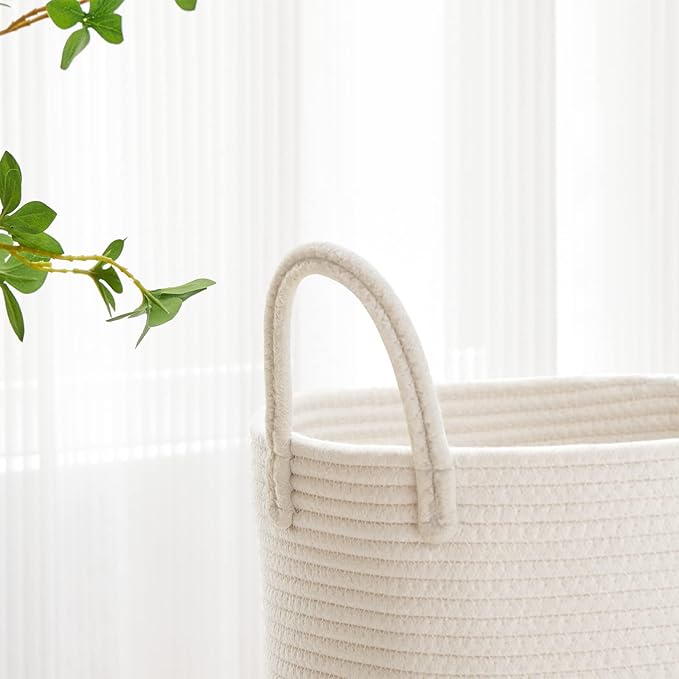 VIPOSCO Large Laundry Hamper, Tall Woven Rope Storage Basket for Blanket, Toys, Dirty Clothes in Living Room, Bathroom, Bedroom - 58L White