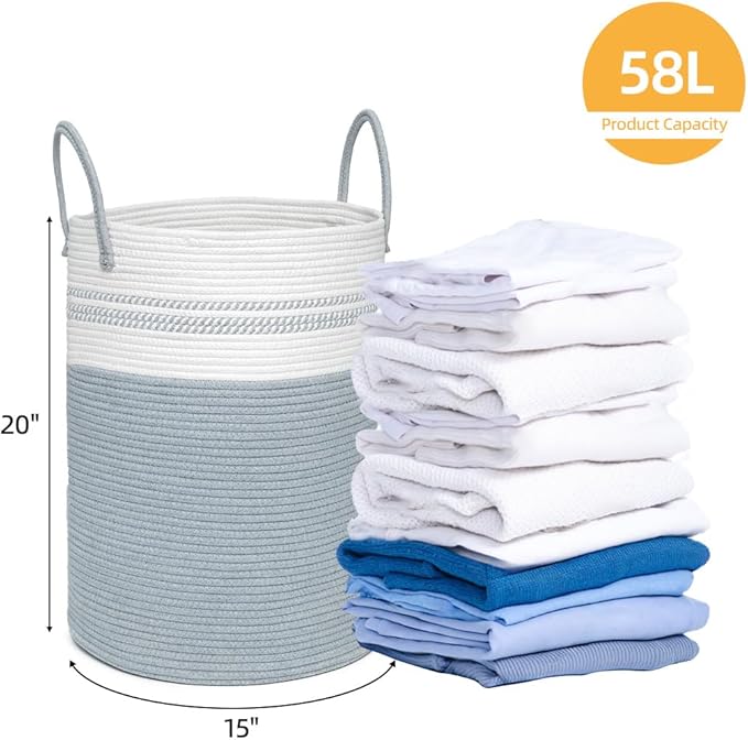 58L Tall Laundry Basket, Cotton Rope Laundry Hamper, Laundry Hamper with Handles, Decorative Woven Basket for Dirty Clothes, Blankets, Pillows in Bathroom, Bedroom (Gray, 15 x 20in)