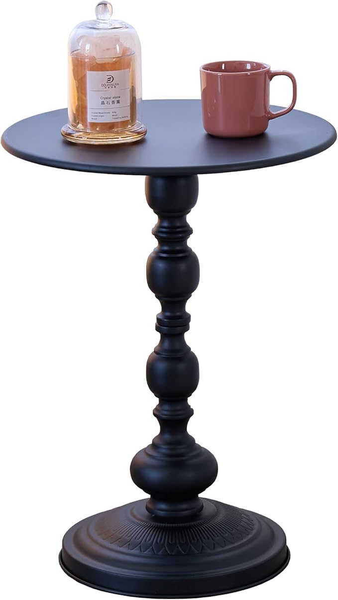 Elegant Vintage Round Side Table with Roman Columns - Sturdy Metal Design, Perfect as a Coffee, End, Tea, or Leisure Table for Living Room and Bedroom Decor, (Black 1 Pack)