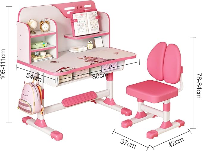Kids Desk and Chair Set, Height Adjustable Kids Study Table and Chair Set, Children School Desk with Storage Drawer and Book Stand, Ergonomic Child Toddler Deskwith Sitting Posture Corrector (Pink 3)