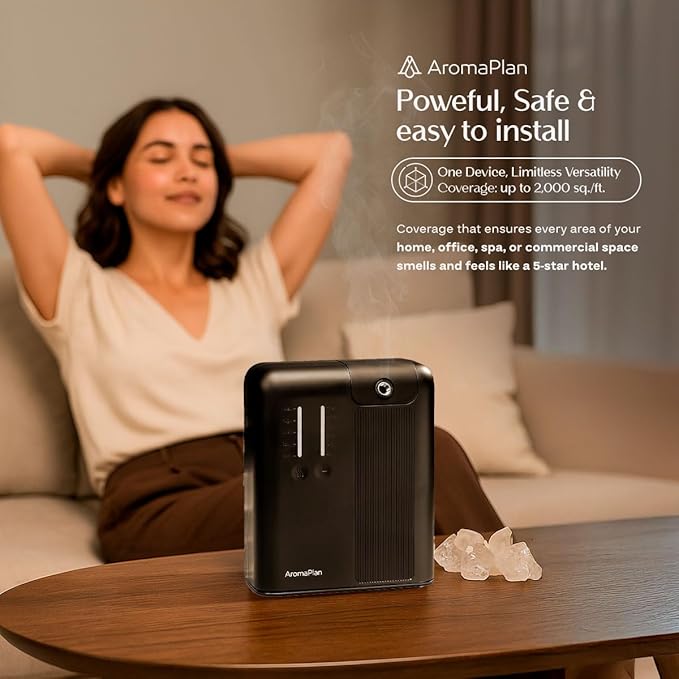 AromaPlan 2025 Waterless HVAC Scent Diffuser Whole House & Commercial Diffuser, 2 Fragrances Included-Smart, Cold-Air Waterless Scent Air- App Control, AC, 2000 Sq. Ft Coverage,Black