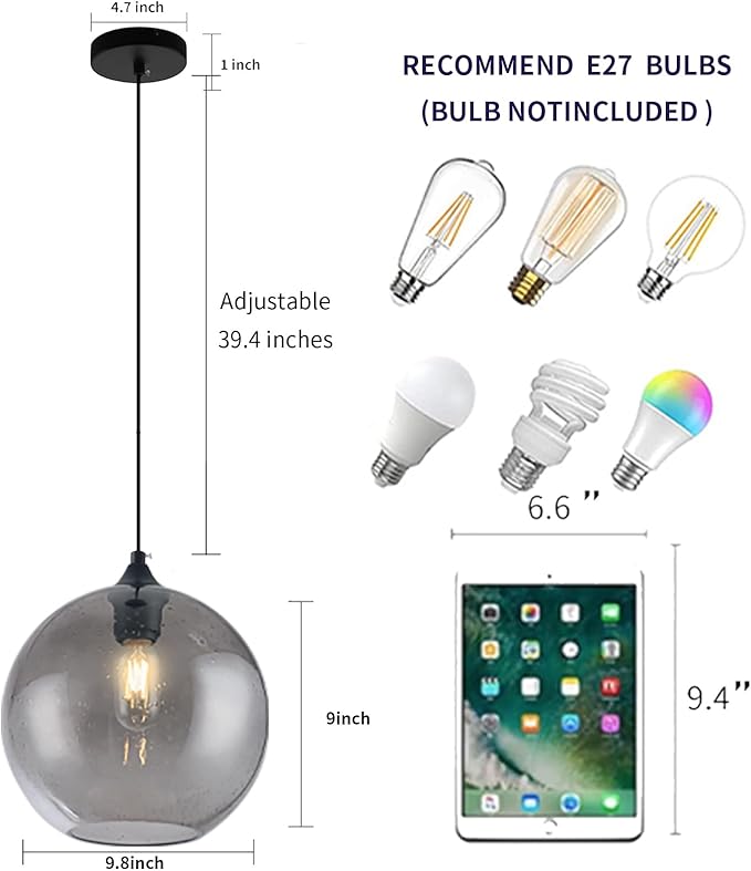 Gray Glass Pendant Lights Kitchen Island Lighting Globe Pendant Light Fixtures Modern Pendant Lighting for Kitchen Island Bedroom Living Dining Room Light Fixture-9.8in