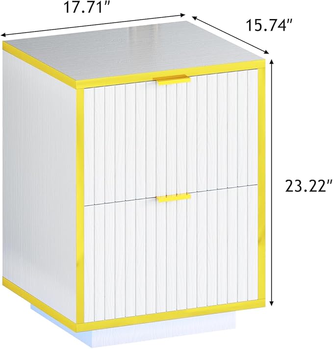 White and Gold Nightstand with LED Lights, White Nightstand with Storage, Modern Led End Table with 2 Fluted Drawers, Bed Side Table for Living Room, Set of 2, White and Gold