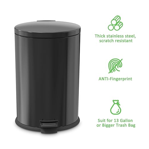 Kitchen Trash Can with Lid - 10.5Gallon/40L Oval Stainless Steel Trash Can with Removable Inner Liner and Lid Soft Close, Foot Pedal garbage can for Home Office,Fingerprint Proof Cleanly Black