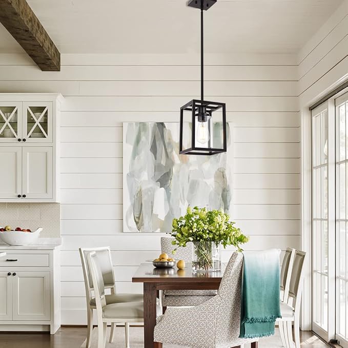 VINLUZ 1 Light Single Pendant Lighting Fixture in Matte Black Finish,Classic Farmhouse Chandelier with Clear Glass Shade Hanging Ceiling Light