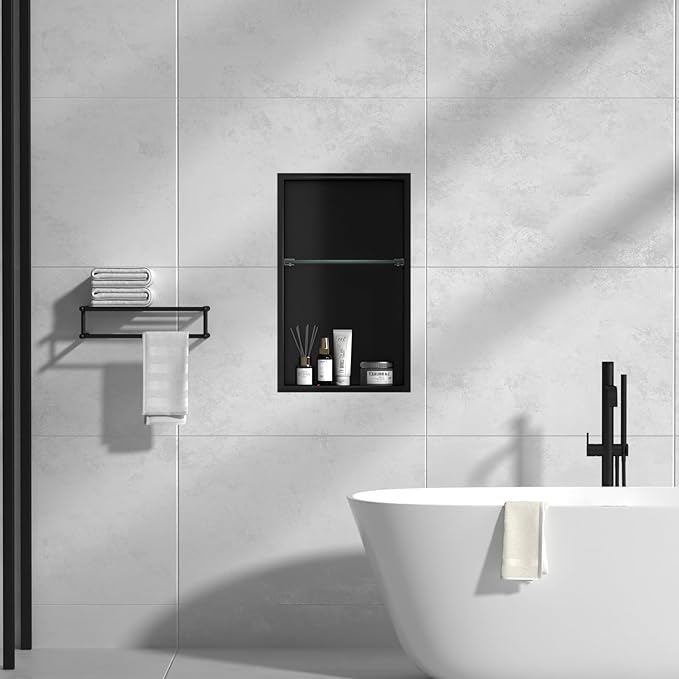 CKB Shower Niche Stainless Steel, 24 Inch x 14 Inch x 4 Inch Depth, Double-Layer Storage Shelves, Recessed Shower Shelf with Matte Black