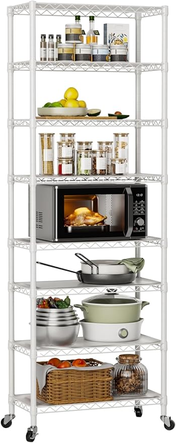 8 Tier Shelves Storage Shelf Wire Closet Bathroom Organizers Metal Pantry Kitchen Garage Shelving Unit Laundry Room Organization Home Rack Net Basket Black with Wheels 12”D X 22”W X 74.2”H