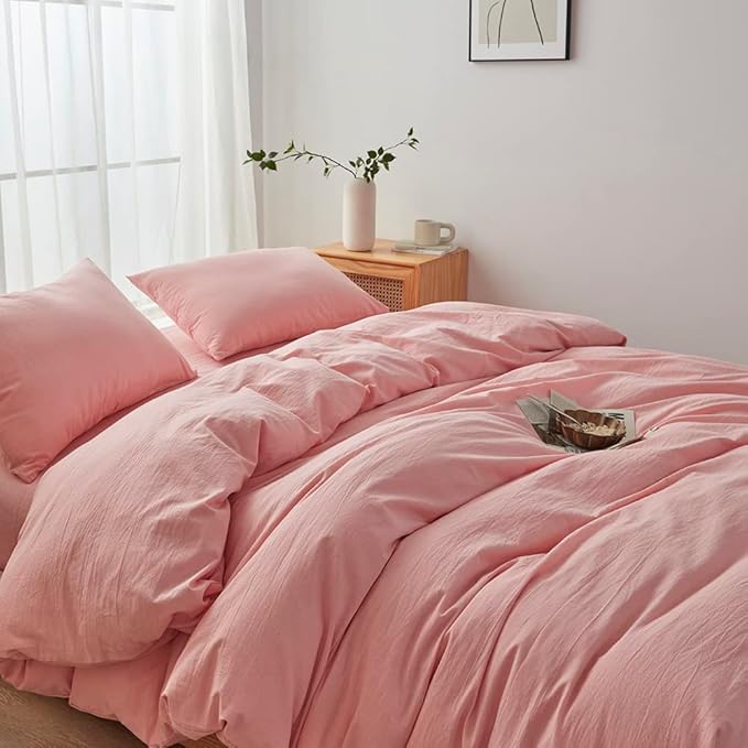 FACE TWO FACE Bedding Duvet Cover Set100% Washed Cotton Duvet Cover Linen Like Textured Breathable Durable Soft Comfy (Twin, Light Pink)