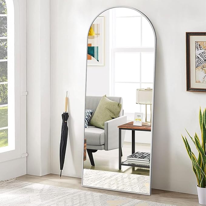 BEAUTYPEAK 65"x24" Arch Full Body Floor Mirror, Full Length Mirror Hanging or Leaning Arched-Top, Wall Mirrors with Stand for Bedroom, Dressing Room, Silver
