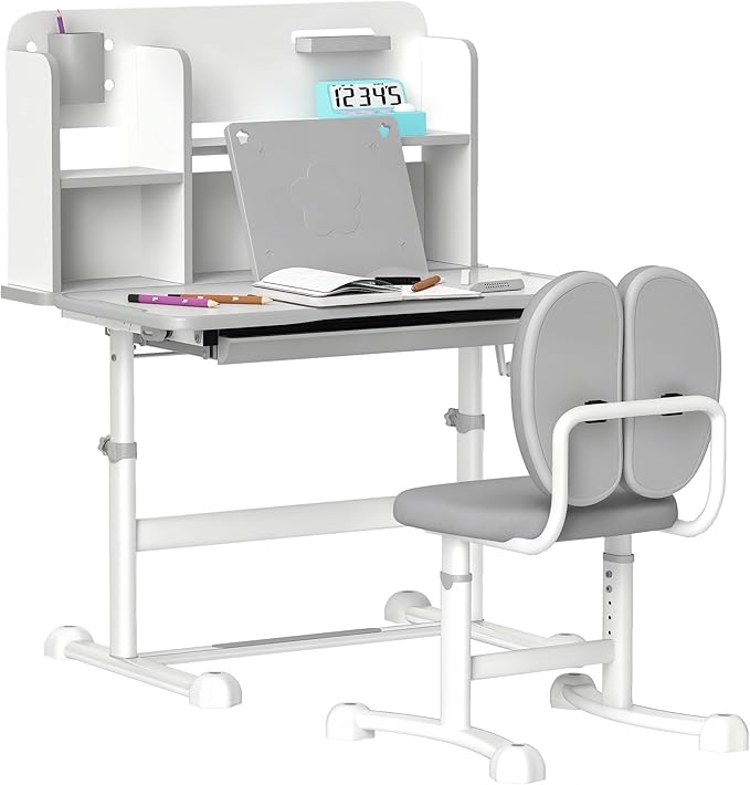 Qaba Kids Desk and Chair Set, Height Adjustable Kids School Study Desk and Chair Set with Tilt Desktop, Storage Drawer and Reading Rack for Writing, Reading and Drawing, Gray