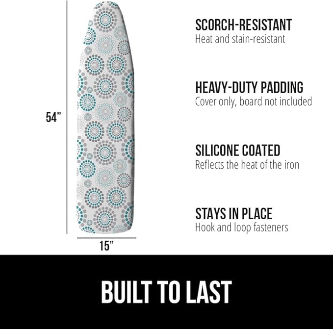 The Original GORILLA GRIP Ironing Board Cover and Pad, Silicone Coating, Thick Scorch Resistant Padding, Heavy Duty Iron Covers Standard Boards, Hook and Loop Fastener Strap, Spiral, 15x54