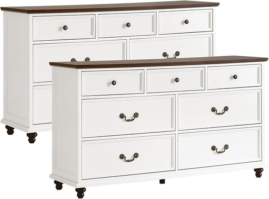 Farmhouse 7 Drawers Dresser Sets of 2 for Bedroom, White 54 Inch Wide Chest of Drawers w/ 4 Wooden Legs, Large Vintage Rustic Closet Dressers for Living Room, Wood TV Stand