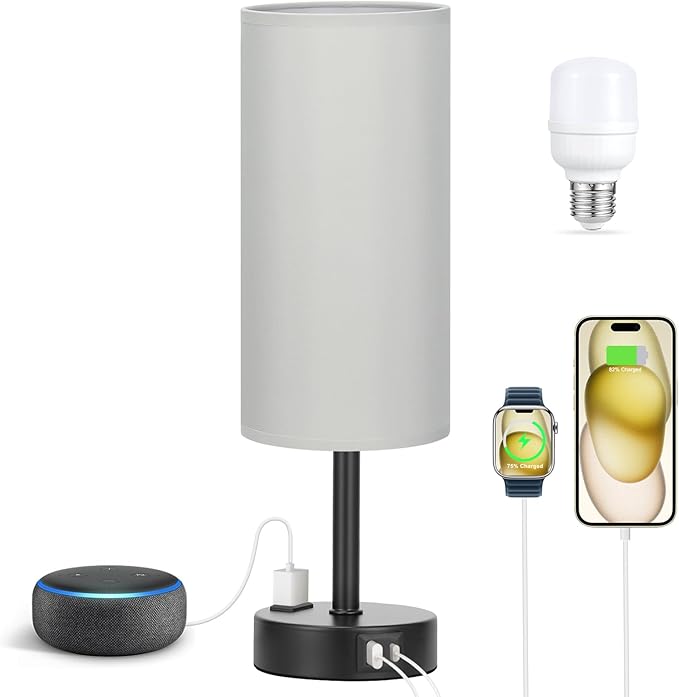 Grey Touch Bedside Lamp for Bedroom - 3 Way Dimmable Table Lamp USB C Charging Ports and AC Outlet, Small Desk Lamp for Living Room, Office, LED Bulb Included