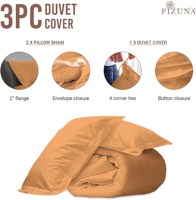 Pizuna Pure 100% Cotton Full Duvet Cover Set, Luxurious 400 Thread Count Long Staple Cotton Sateen Weave with Button Closure (Combed Apricot Orange Cotton Duvet Cover Full)