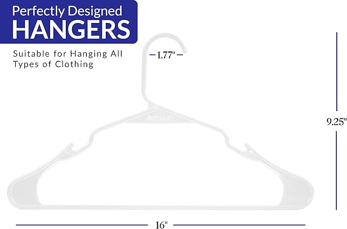 Royale Linens 20 Pack White Plastic Hangers for Clothes - Heavy Duty Clothes Hanger for Everyday Use - Lightweight & Space Saving Notched Plastic Hangers