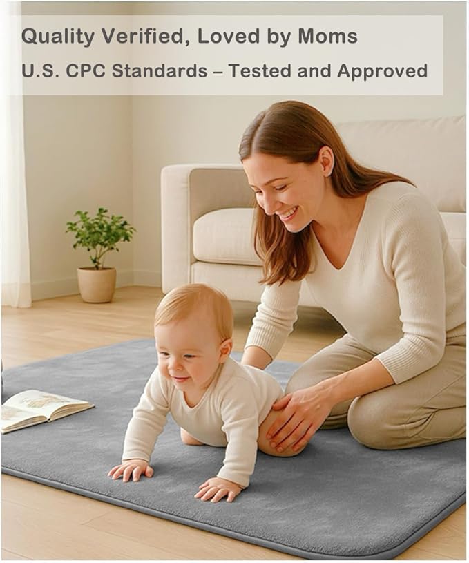 50X 50 Thick Padded Baby Floor Play Mat 1.2" Cushioned Velvet Surface Non Slip Bottom High Density Foam Safe and Soft Floor Mat for Infants Toddlers and Playpen Use,Gray
