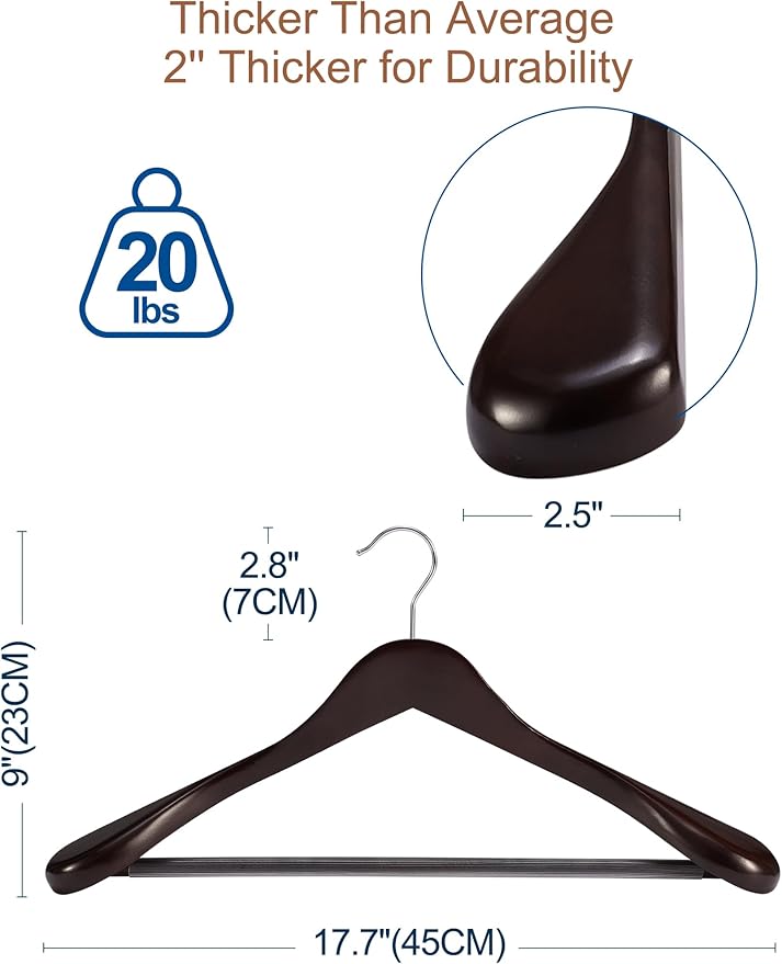 HOUSE DAY Wood Suit Hangers for Men, Wide Shoulder Wooden Hangers with Non Slip Pants Bar, Smooth Retro Finish 360° Swivel Hook Solid Wood Coat Hangers for Heavy Clothes Hanger 6 Pack (Cherry Wood)