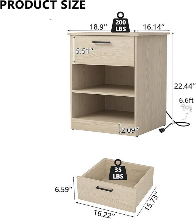 Night Stand with Charger Station, Modern Nightstand with USB Type-C Ports and AC Outlets, Large Bedside Table with Drawer and Open Storage, Wooden End Table for Bedroom (Natural, 1 Drawer)